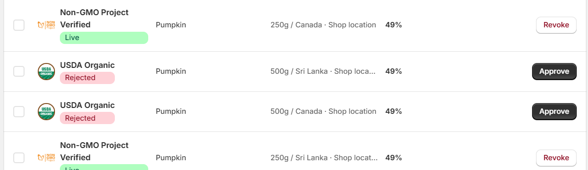 Badge table rows — showing Live, Pending, and Rejected status examples