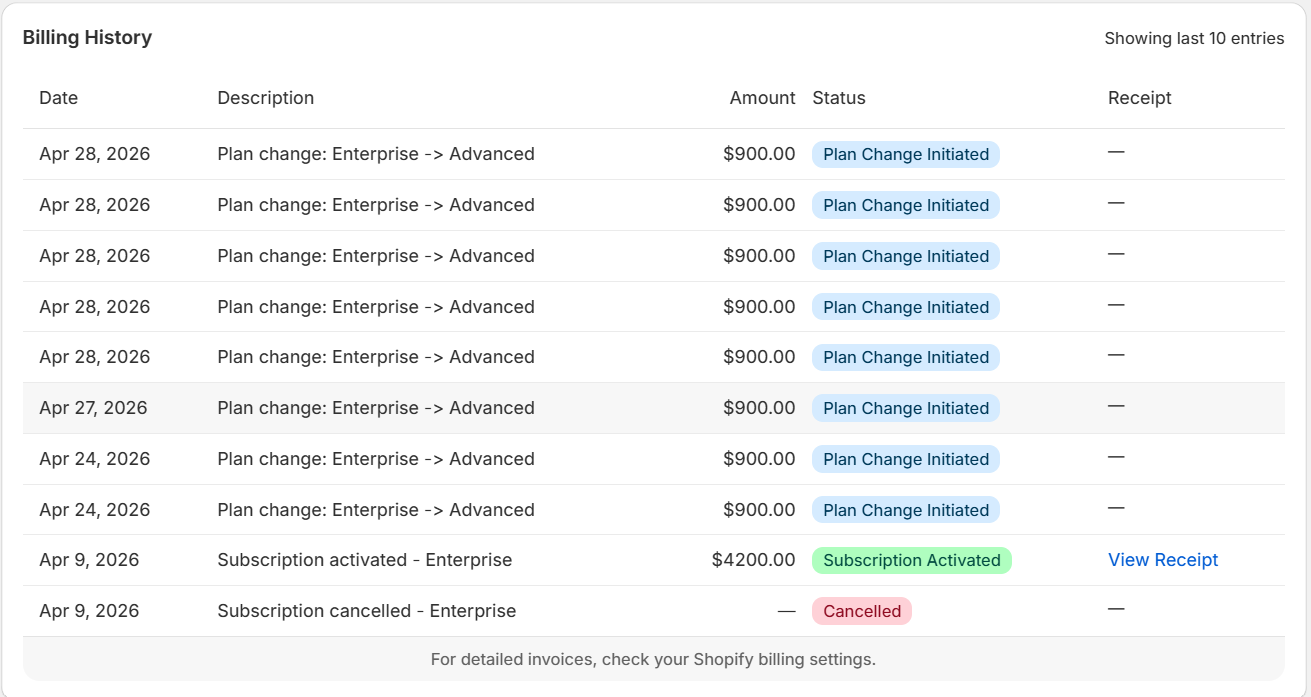 Billing History table — showing dates, descriptions, amounts, status badges, and receipt links