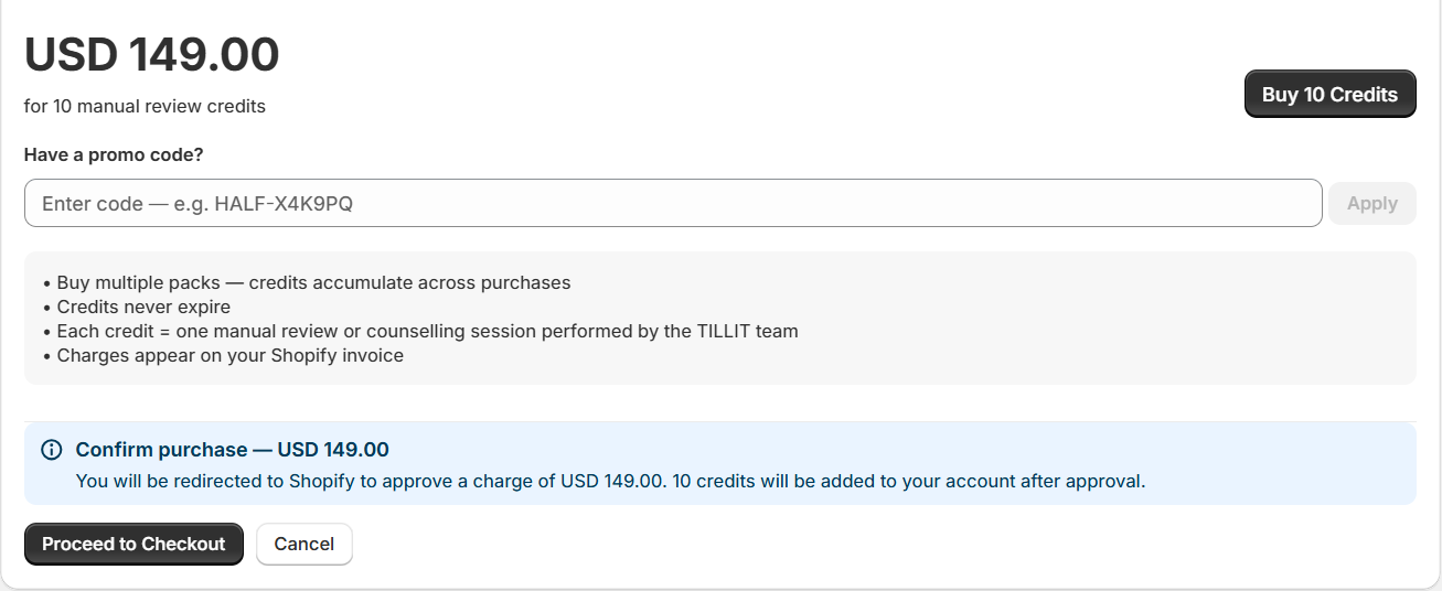 Buy credits confirmation section — blue info box with Proceed to Checkout and Cancel buttons