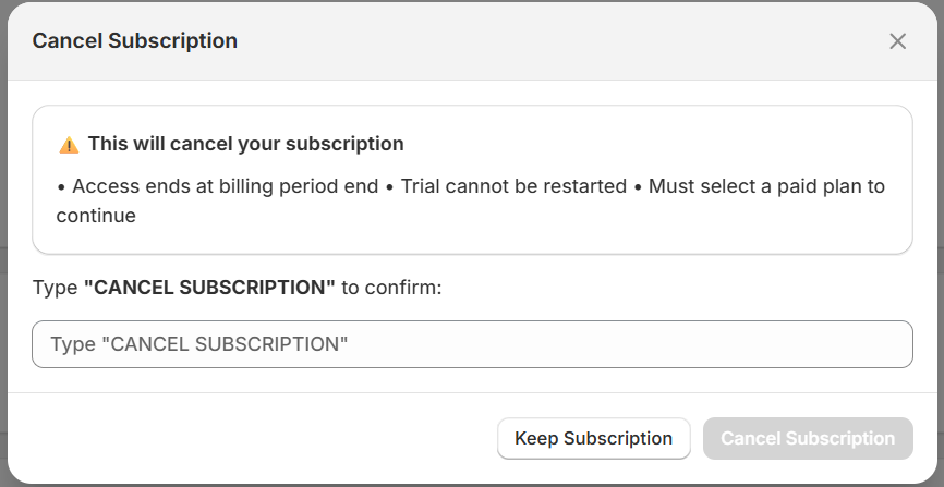 Cancel Subscription popup — modal with warning box, confirmation input, Keep Subscription and Cancel Subscription buttons