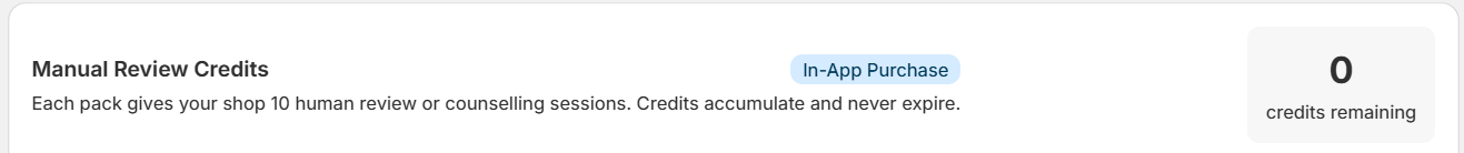 Manual Review Credits card — heading, In-App Purchase badge, subtitle text, and credit count
