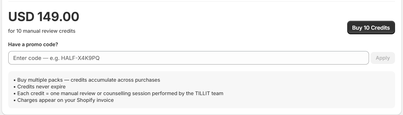 Credits purchase section — price, Buy 10 Credits button, and promo code field