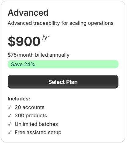 Advanced plan card — $900/yr price, Save 24% bar, and feature list