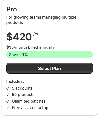 Pro plan card — $420/yr price, Save 29% bar, and feature list