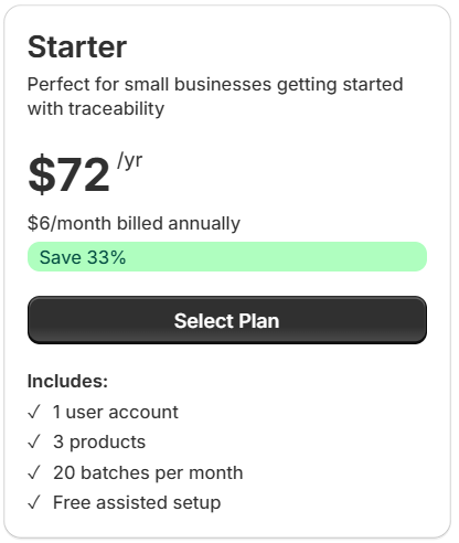 Starter plan card — $72/yr price, Save 33% bar, and feature list