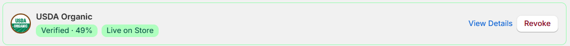Badge row showing certification logo, name, verification score, status, and action buttons