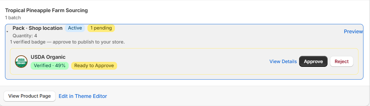 Supply chain name, batch row with location and status, badge row with verification score and approval actions, card footer links