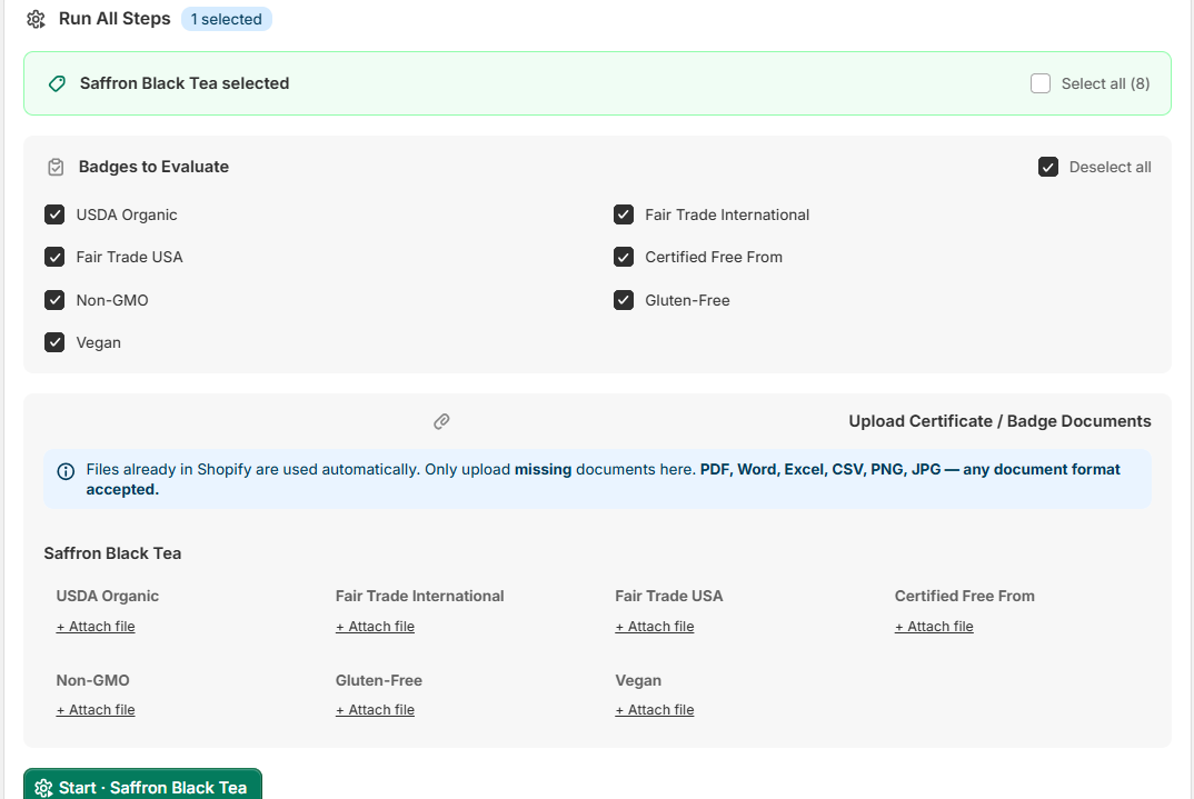 Run All Steps — badge selection and file upload